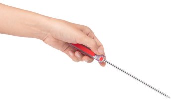 Beyaz arkaplanda izole edilmiş güç tornavidasını ölçen el ele tutuşması