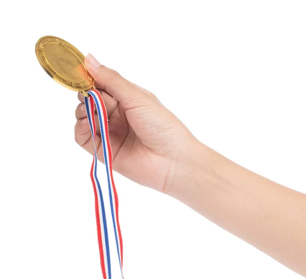 Winner Hand Raised Holding Gold Award Medal Ribbon Isolated White — Stock Photo, Image