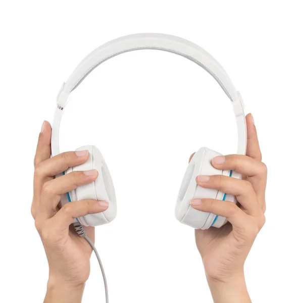 Mano Sosteniendo Auriculares Blancos Aislados Sobre Fondo Blanco —  Fotos de Stock