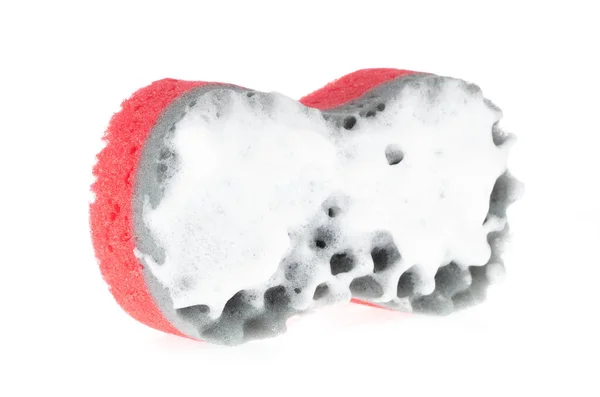 白色背景上分离的泡沫肥皂泡海绵 — 图库照片