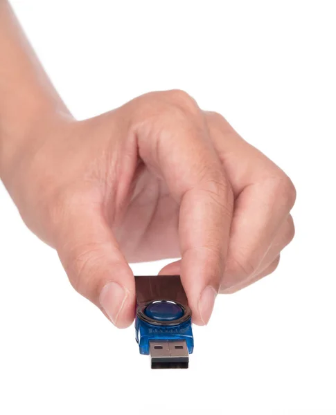 Tangan Memegang Usb Flash Drive Terisolasi Pada Latar Belakang Putih — Stok Foto