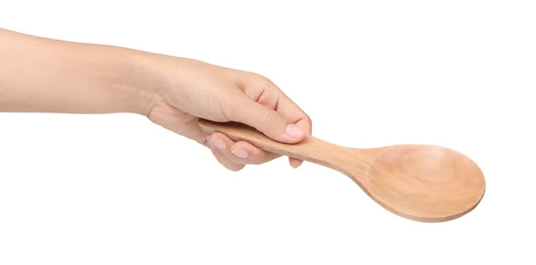 Mano Sosteniendo Cuchara Madera Aislada Sobre Fondo Blanco — Foto de Stock