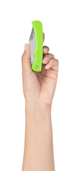Μαχαίρι Χειρός Πράσινη Πλαστική Λαβή Που Απομονώνεται Λευκό Φόντο — Φωτογραφία Αρχείου