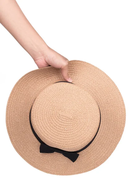 Χέρι Κρατώντας Wide Brimmed Καπέλο Φιόγκο Από Μαύρο Πανί Που — Φωτογραφία Αρχείου