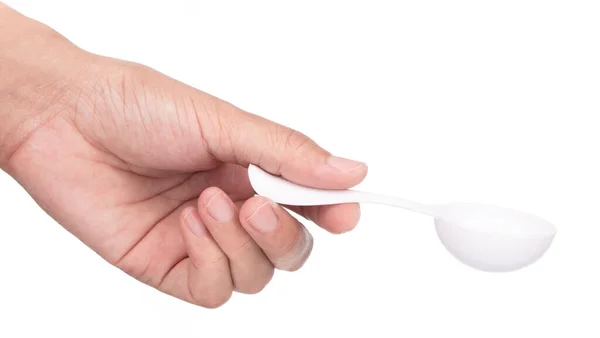 Ręka Trzymając Biały Plastikowy Miarka Izolowane Białym Tle — Zdjęcie stockowe