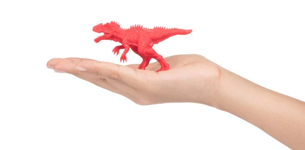 Mão Segurando Dinossauro Brinquedo Isolado Fundo Branco — Fotografia de Stock
