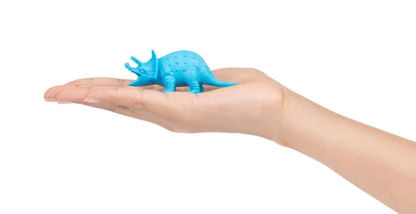 Hand Houden Dinosaurus Speelgoed Geïsoleerd Witte Achtergrond — Stockfoto