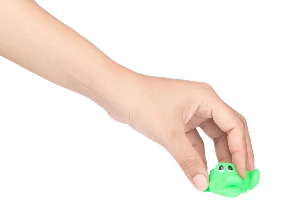 Mão Segurando Plástico Brinquedo Animal Isolado Fundo Branco — Fotografia de Stock