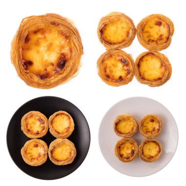 Beyaz arka planda izole edilmiş yumurtalı tart tatlı krema. 