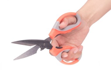 Beyaz arka planda el ele tutuşan mutfak makası.