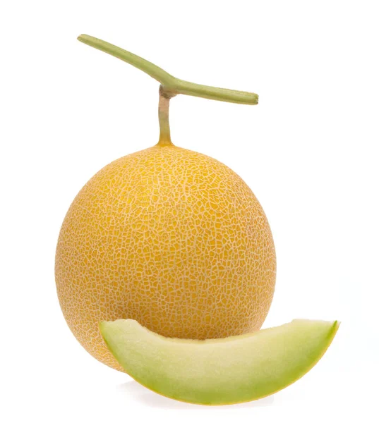 Cantaloup Melon Complet Avec Tranche Cantaloup Isolé Sur Fond Blanc — Photo
