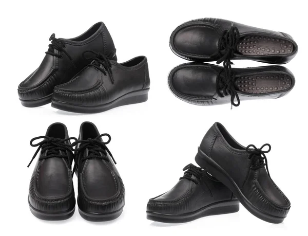 Gyűjtemény Fekete Cipő Elszigetelt Fehér Háttér — Stock Fotó