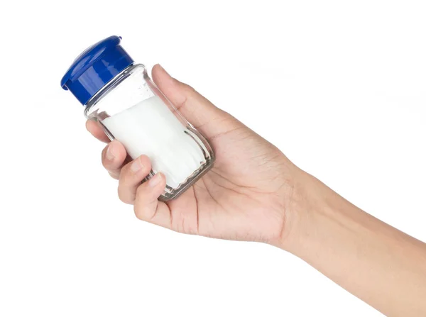 Рука Держит Соль Бутылки Изолированы Белом Фоне — стоковое фото
