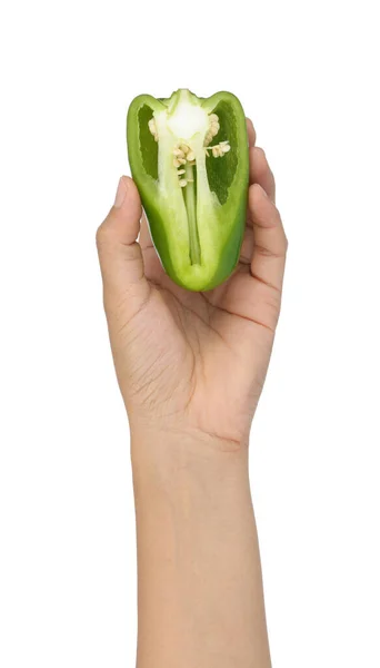 Mão Segurando Pimenta Verde Jalapenos Cortada Meio Isolada Sobre Fundo — Fotografia de Stock