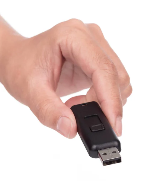 Hand Hält Usb Flash Speicher Isoliert Auf Weißem Hintergrund — Stockfoto