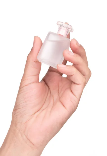 Mão Segurando Frasco Perfume Isolado Fundo Branco — Fotografia de Stock