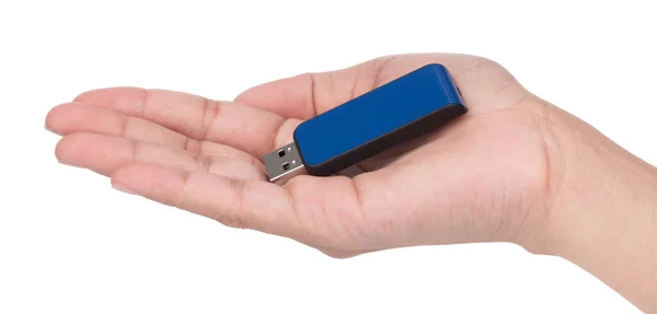 Mão Segurando Memória Flash Usb Azul Isolado Fundo Branco — Fotografia de Stock