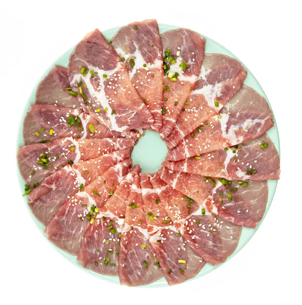 Raw Meat Slice Plate Isolated White Background — Stock Photo, Image