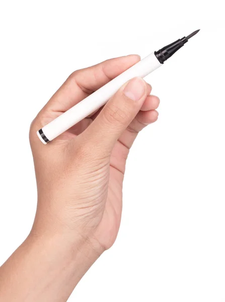 Tenuta Mano Eyeliner Cosmetico Isolato Sfondo Bianco — Foto Stock