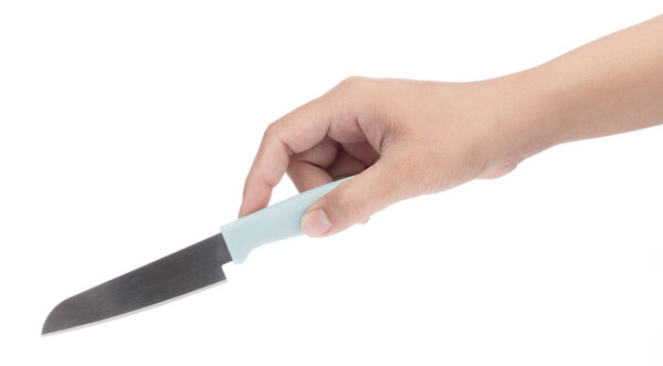 Hand holding Paring fruit Knife isolated on white background.