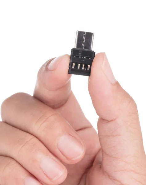 Mão Segurando Micro Usb Para Adaptador Usb Isolado Fundo Branco — Fotografia de Stock