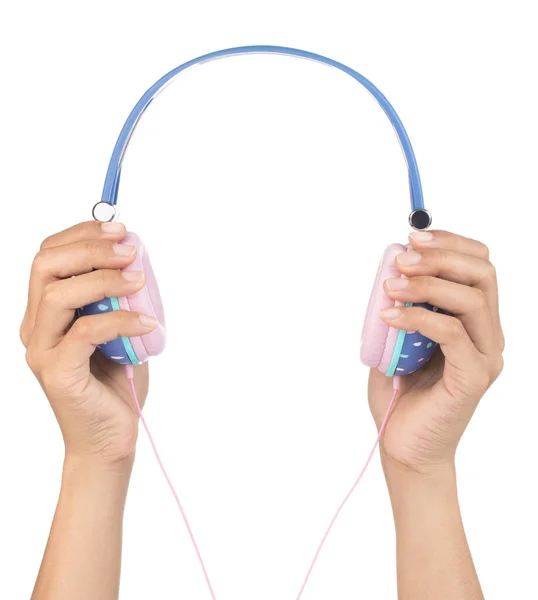 Hand Holding Blue Headphones Pink Pastel Color Isolated White Background — Stock Photo, Image