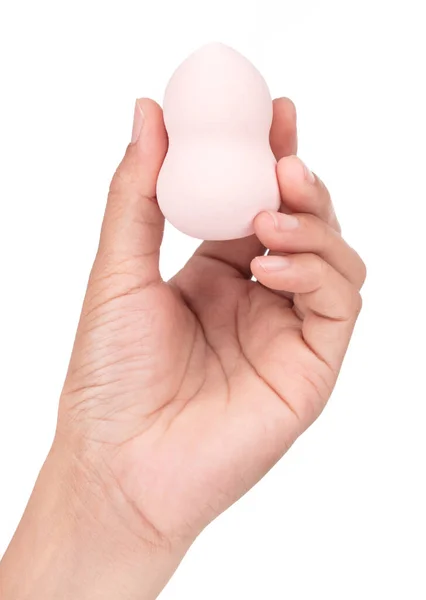 Mão Segurando Blenders Beleza Esponja Rosa Isolado Fundo Branco — Fotografia de Stock