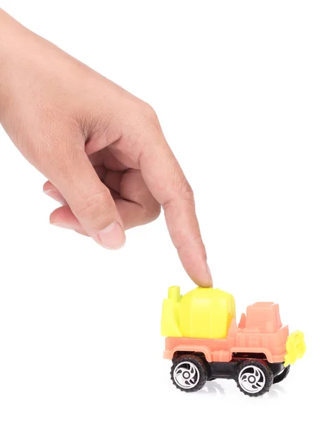 Mão Com Caminhão Brinquedo Mistura Concreto Isolado Sobre Fundo Branco — Fotografia de Stock