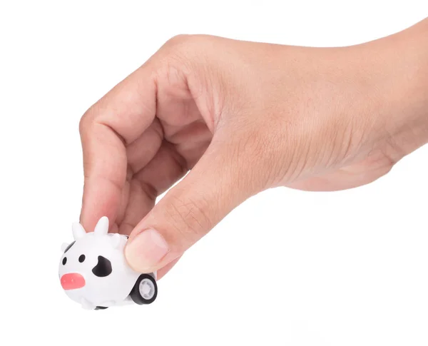 Mão Com Brinquedo Vaca Acabar Isolado Fundo Branco — Fotografia de Stock