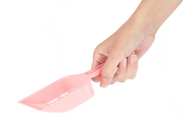 Hand Innehav Plast Scoop Pet Sand Isolerad Vit Bakgrund — Stockfoto