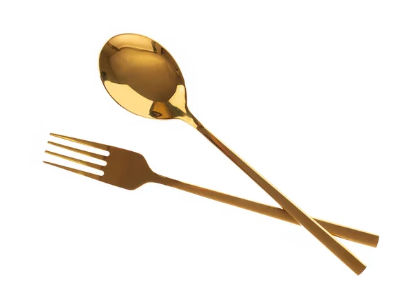 金色镀金勺子 叉子隔离在白色背景上 — 图库照片