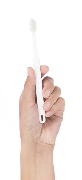 Hand Holding Close Toothbrush Isolated White Background — Stock Photo, Image