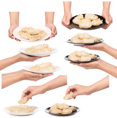 Beyaz arkaplanda izole edilmiş çanakta el ele tutuşan wontonlar koleksiyonu.