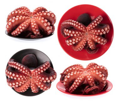 Tabaktaki ahtapot dokunaçları beyaz arkaplanda izole edildi.