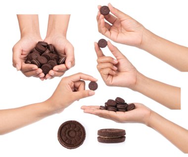 Beyaz arka planda izole edilmiş kremalı çikolatalı kurabiye koleksiyonu.