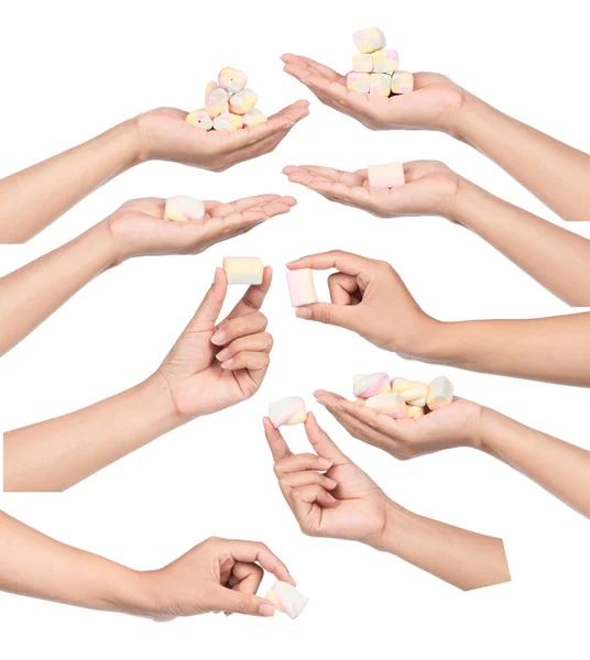 Set Marshmallow Mano Tenuta Isolata Sfondo Bianco — Foto Stock