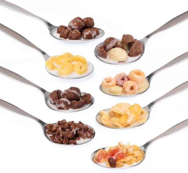 Set Different Breakfast Cereals Spoon Isolated White Background — Stock Photo, Image