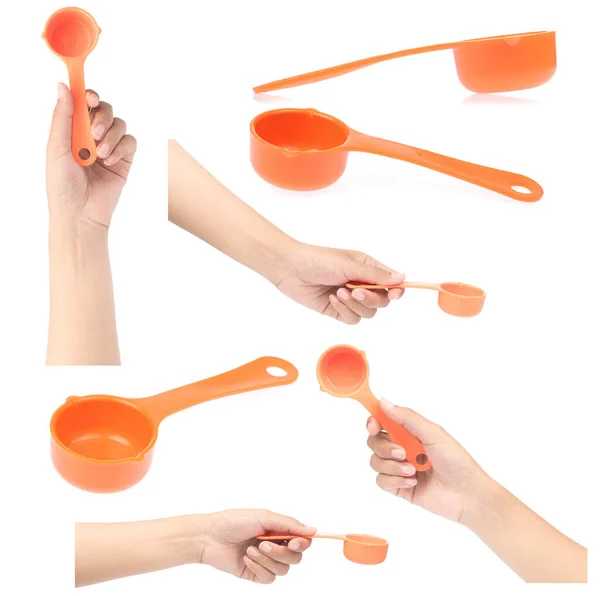 Collection Hand Holding Plastic Scoop Utensil Isolated White Background — Stock Photo, Image