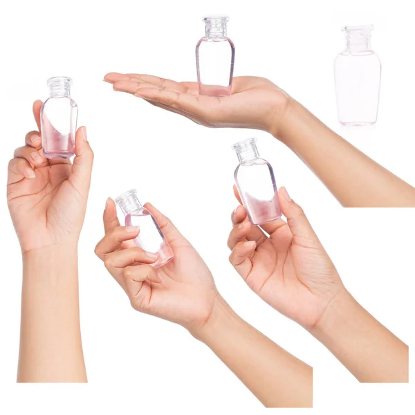 Coleção Mão Segurando Perfume Garrafa Isolada Fundo Branco — Fotografia de Stock