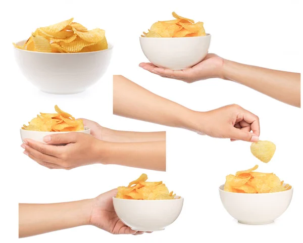 Conjunto Mão Segurando Batatas Fritas Tigela Isolada Fundo Branco — Fotografia de Stock