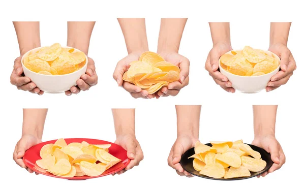 Set Med Handen Håller Potato Chips Mellanmål Plattan Och Kopp — Stockfoto