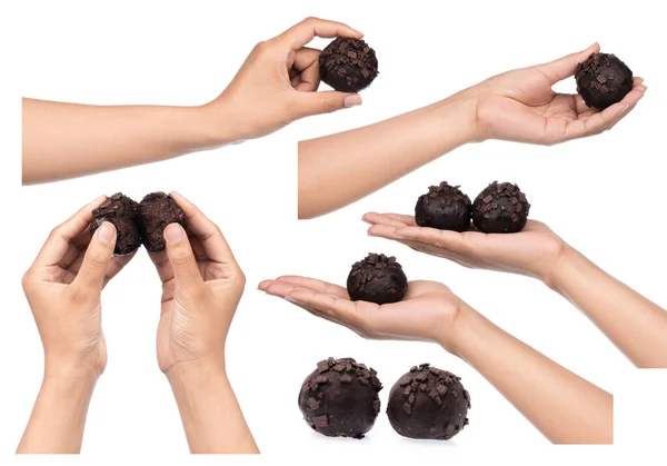 Raccolta Mano Palla Cioccolato Tenuta Isolata Uno Sfondo Bianco — Foto Stock