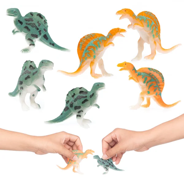 Verzameling Van Hand Houden Dinosaurus Dinosaurus Speelgoed Geïsoleerd Witte Achtergrond — Stockfoto