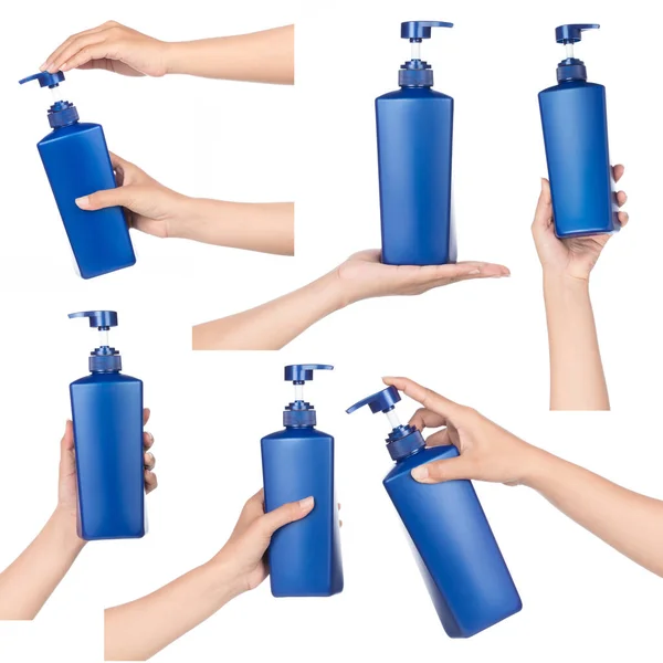 Verzameling Van Een Hand Holding Fles Shampoo Geïsoleerd Witte Achtergrond — Stockfoto