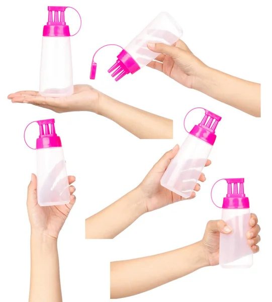 Insamling Hand Hålla Klämma Flaska Tre Huvud Krydda Isolerad Vit — Stockfoto