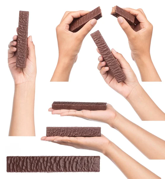 Coleção Mão Segurando Barras Chocolate Isolado Fundo Branco — Fotografia de Stock