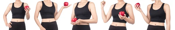 Conjunto Joven Mujer Delgada Sosteniendo Manzana Roja Aislado Sobre Fondo — Foto de Stock