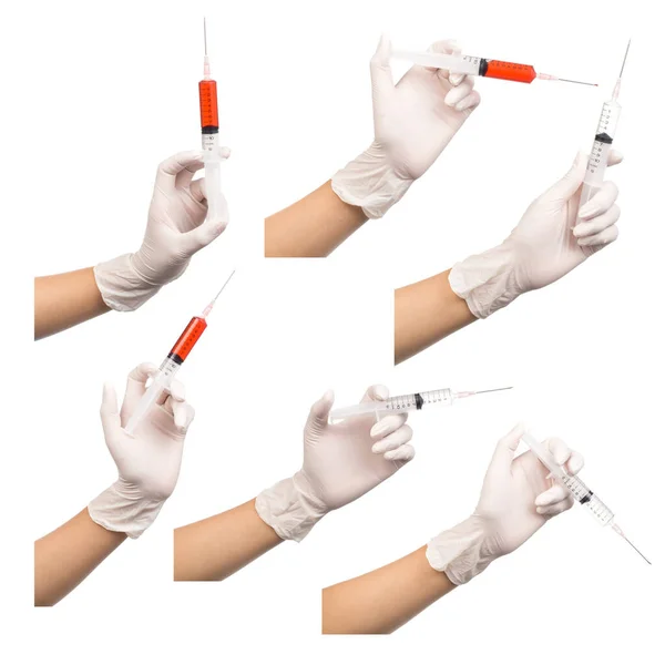 Verzameling Van Hand Vasthoudende Bloedspuit Voor Injectie Geïsoleerd Witte Achtergrond — Stockfoto