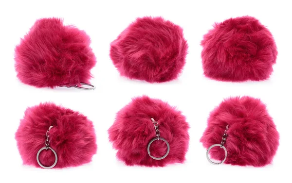 Coleção Pink Fur Bola Chaveiro Isolado Fundo Branco — Fotografia de Stock