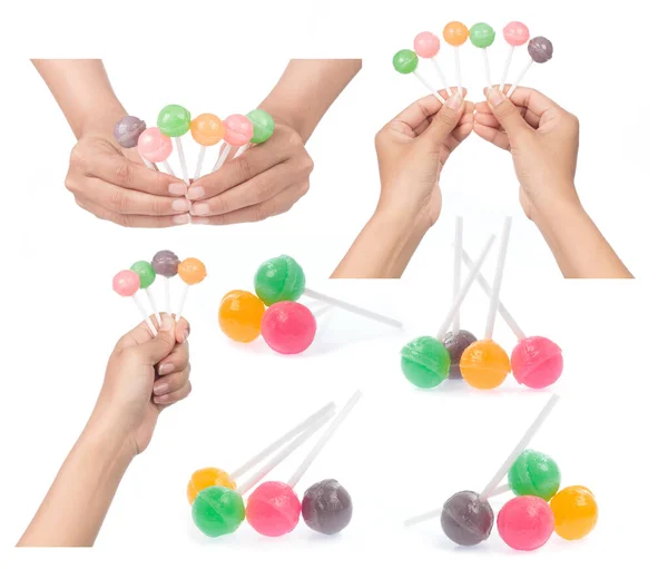 Collection Hand Holding Lollipop Candy Isolated White Background — Stock Photo, Image